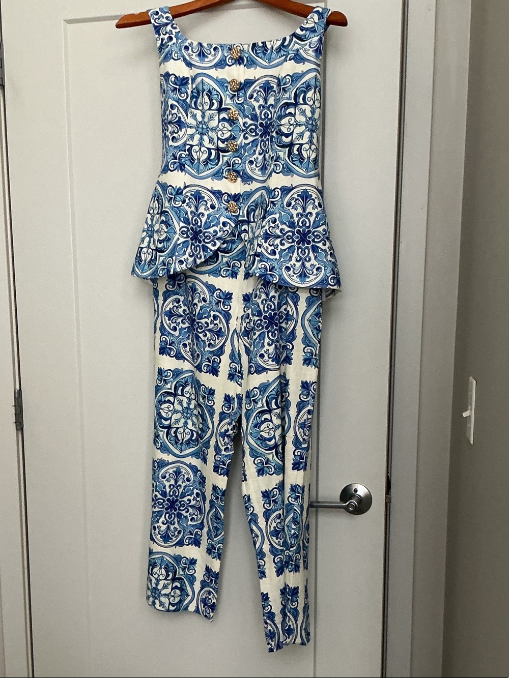 Blue & White Printed Peplum Romper Jumpsuit